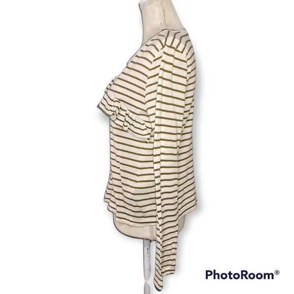 Lucky Brand Stylish cream/green asymetrical ruffle striped long sleeve tee top - Picture 5 of 6